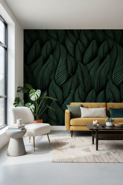 Deep Black and Green Leaf Botanical Wallpaper