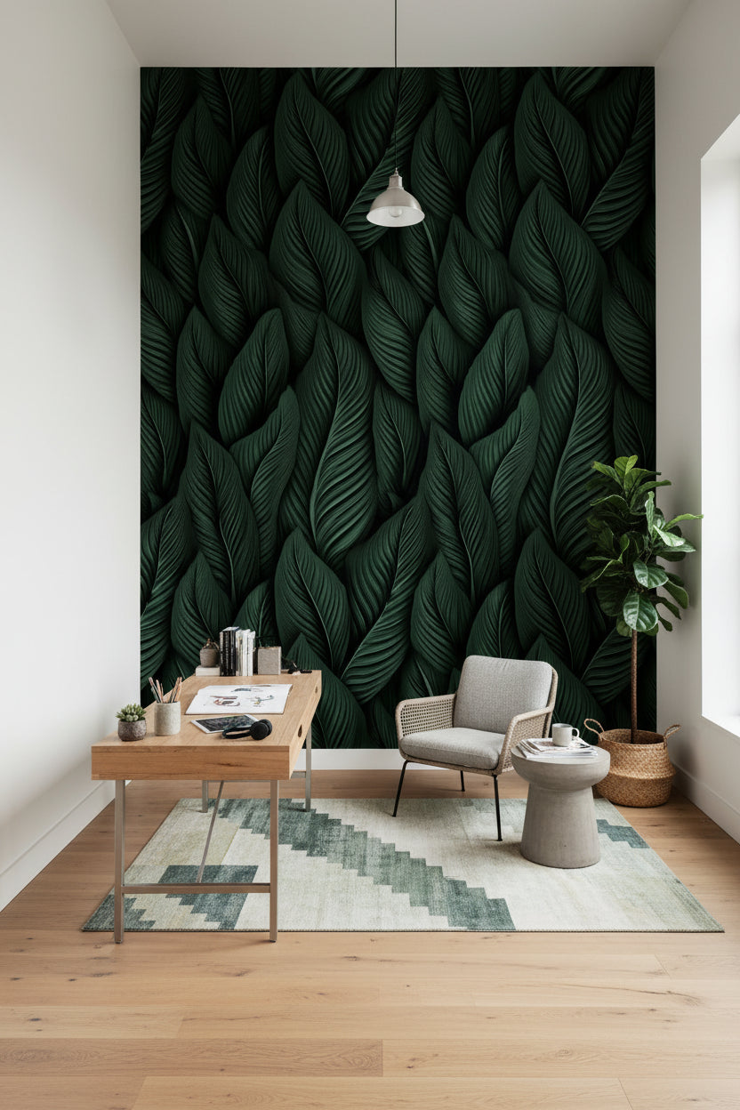Deep Black and Green Leaf Botanical Wallpaper