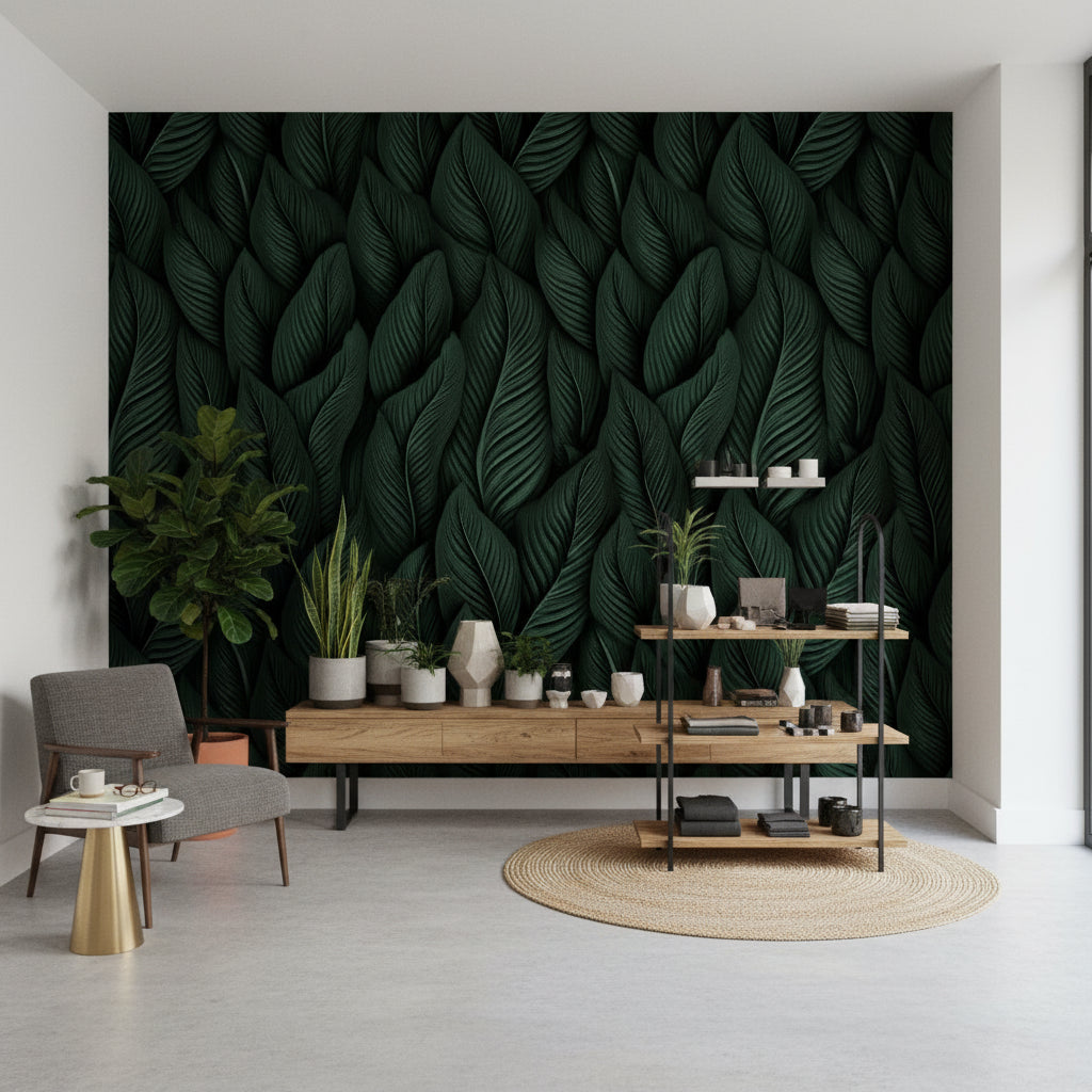 Deep Black and Green Leaf Botanical Wallpaper