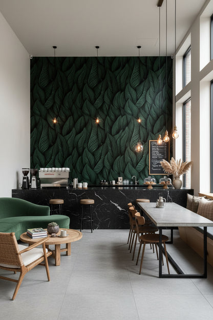 Deep Black and Green Leaf Botanical Wallpaper
