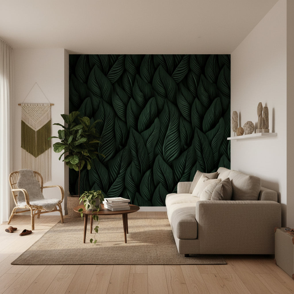 Deep Black and Green Leaf Botanical Wallpaper