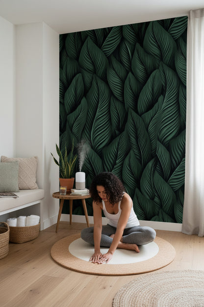 Deep Black and Green Leaf Botanical Wallpaper