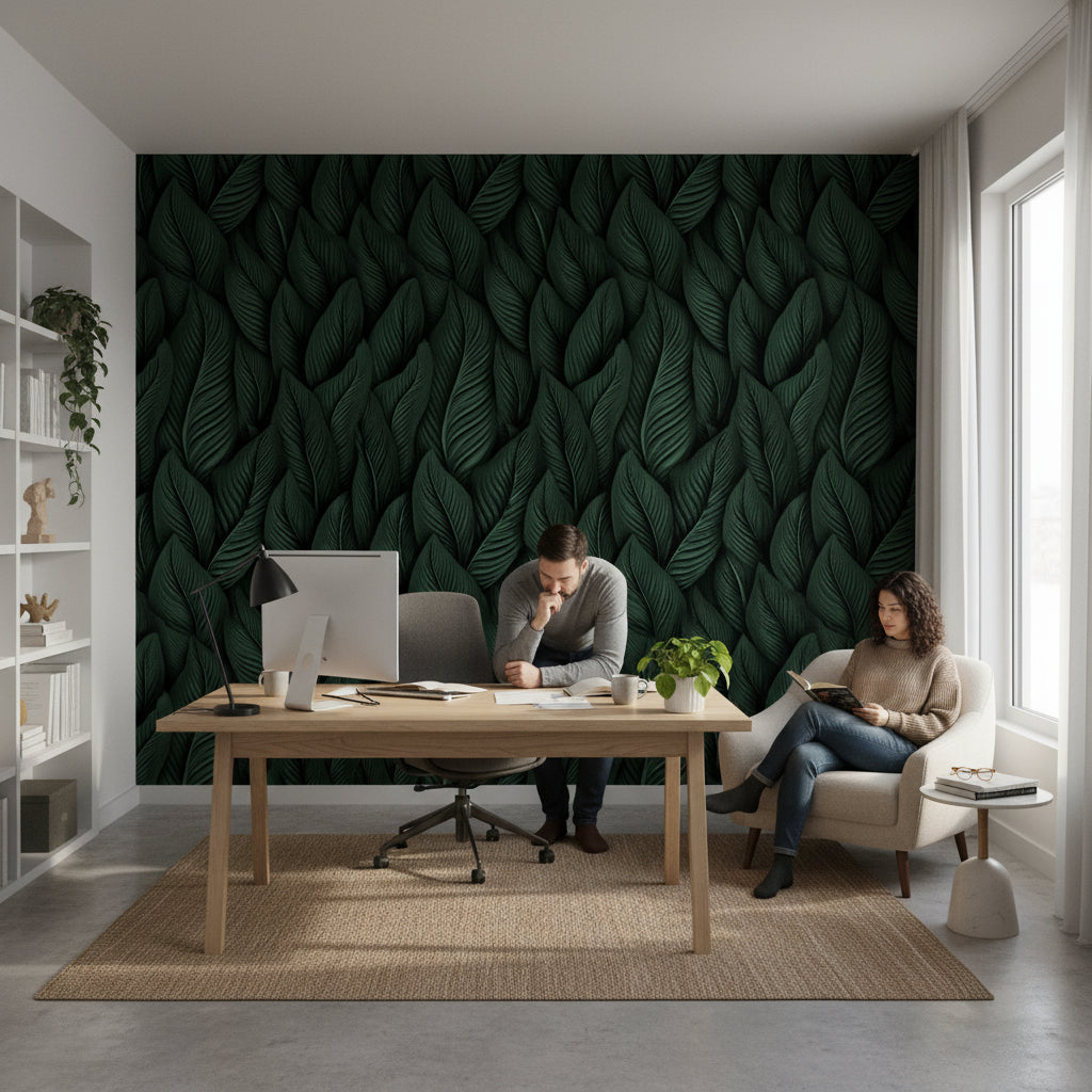 Deep Black and Green Leaf Botanical Wallpaper