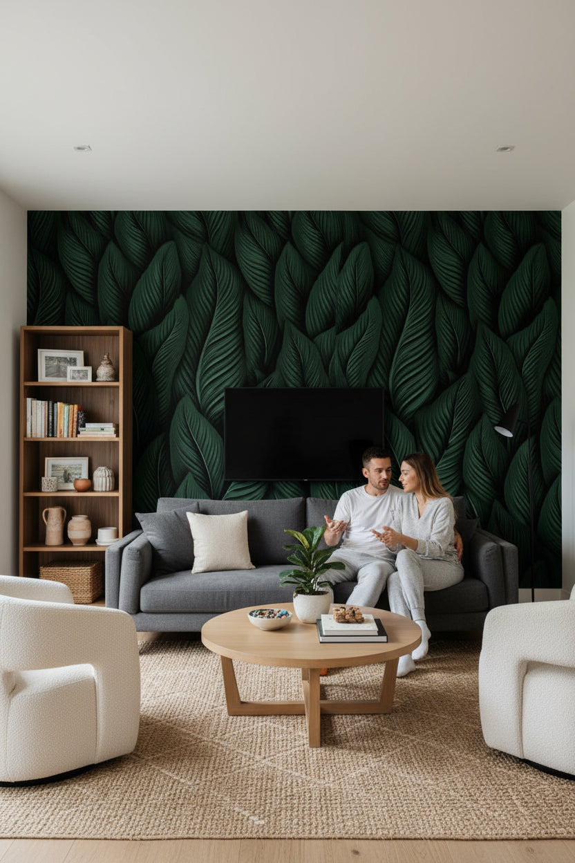 Deep Black and Green Leaf Botanical Wallpaper