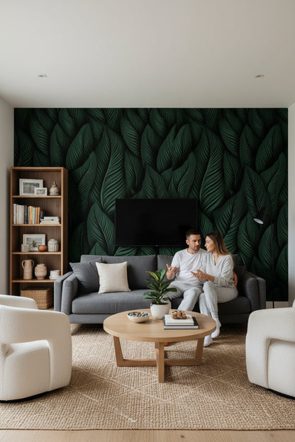 Deep Black and Green Leaf Botanical Wallpaper