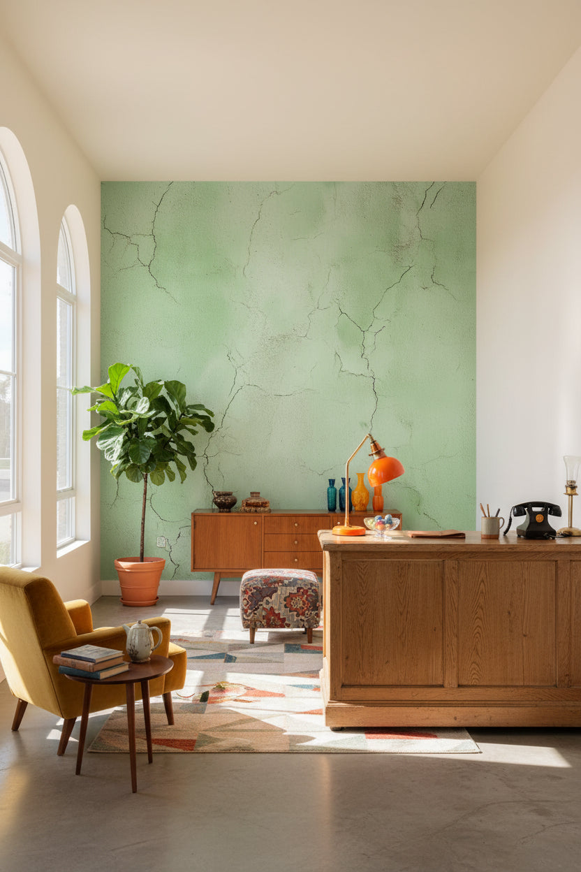 Sage Green Cracked Concrete Effect Wallpaper