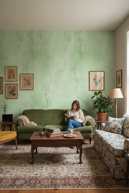 Sage Green Cracked Concrete Effect Wallpaper