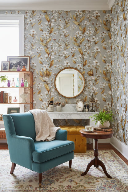 Warm Gray and Gold Look Floral Botanical Wallpaper
