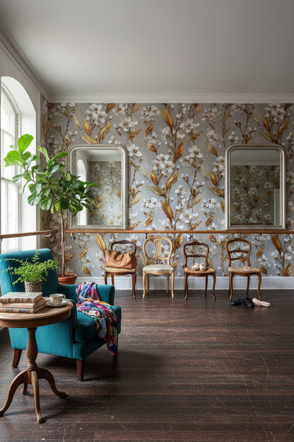 Warm Gray and Gold Look Floral Botanical Wallpaper