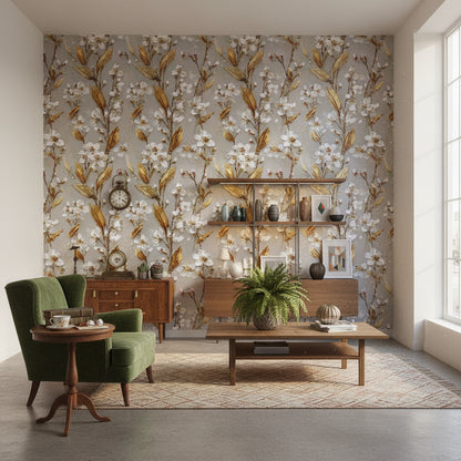 Warm Gray and Gold Look Floral Botanical Wallpaper