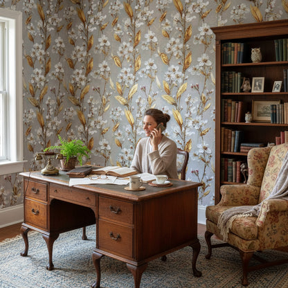 Warm Gray and Gold Look Floral Botanical Wallpaper