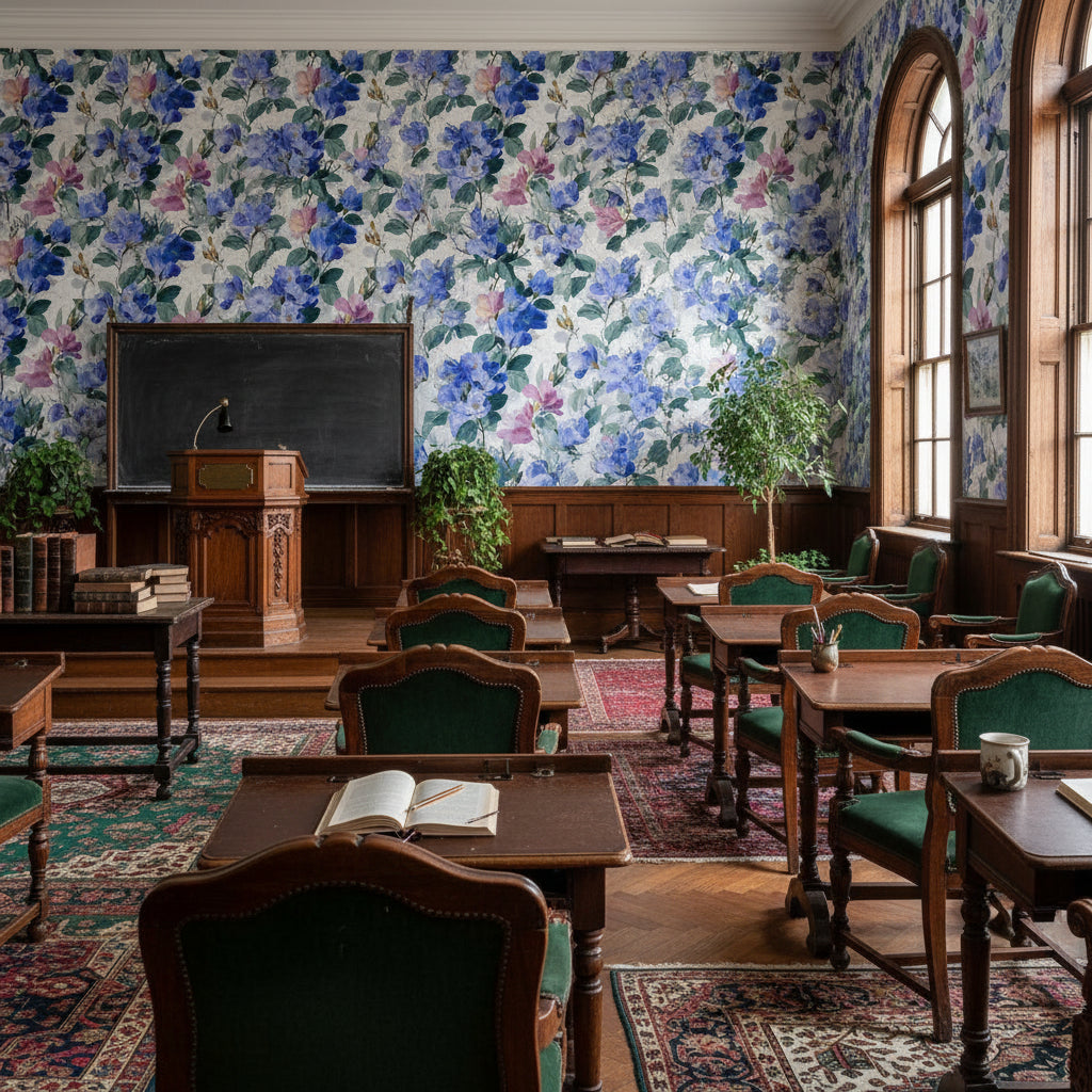 Bright Blue and Pink Large Floral Wallpaper