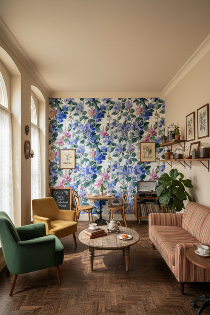 Bright Blue and Pink Large Floral Wallpaper