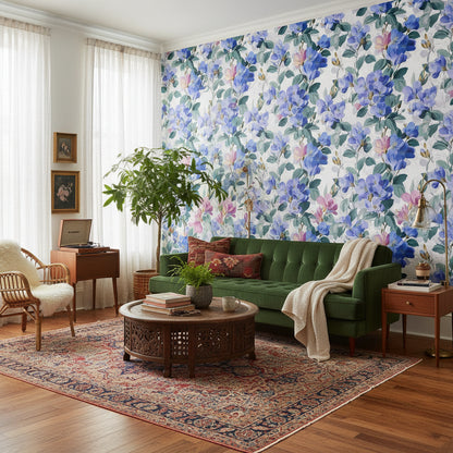 Bright Blue and Pink Large Floral Wallpaper