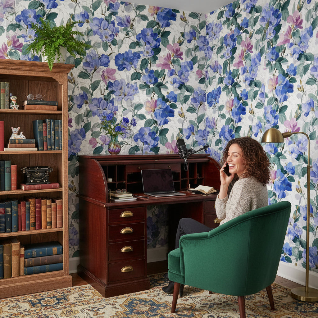 Bright Blue and Pink Large Floral Wallpaper