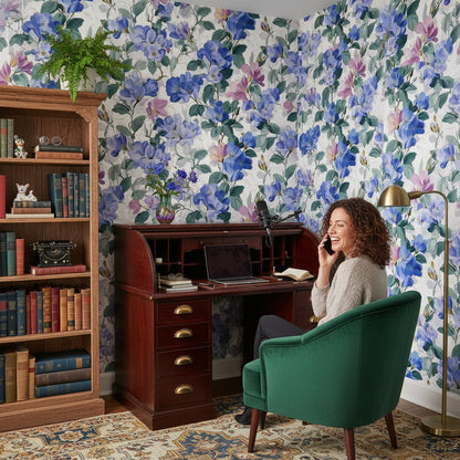 Bright Blue and Pink Large Floral Wallpaper