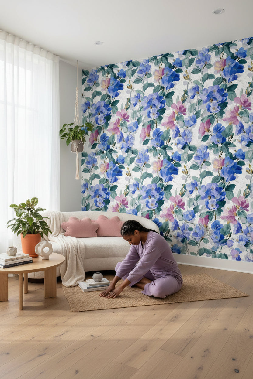 Bright Blue and Pink Large Floral Wallpaper