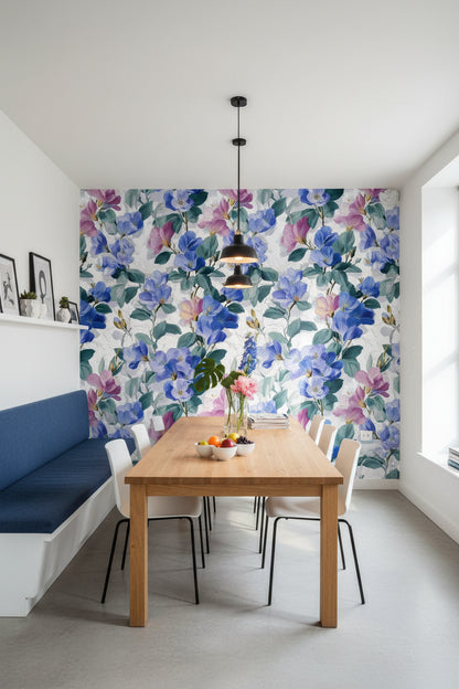 Bright Blue and Pink Large Floral Wallpaper