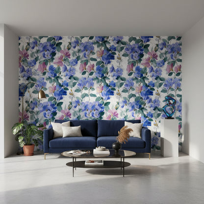 Bright Blue and Pink Large Floral Wallpaper