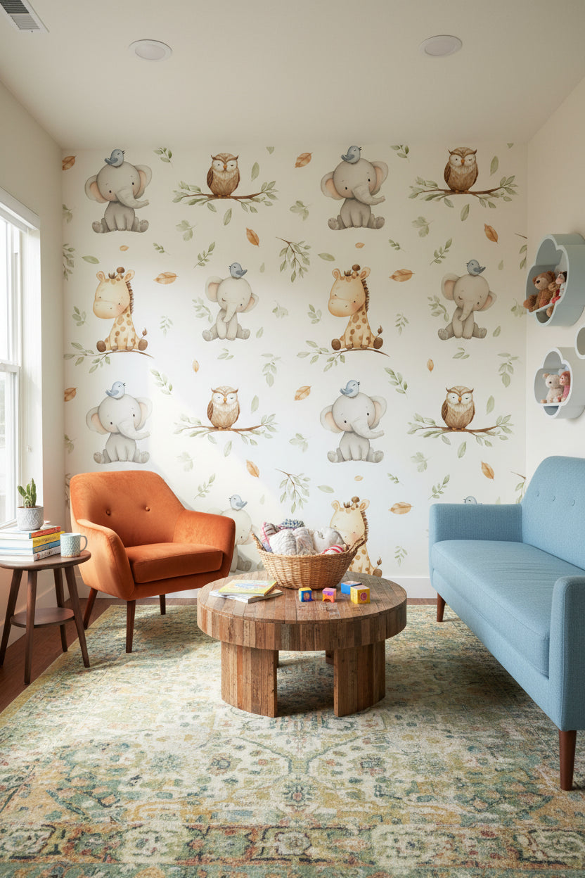 Cream Whimsical Jungle Animal Kids Wallpaper