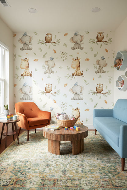 Cream Whimsical Jungle Animal Kids Wallpaper