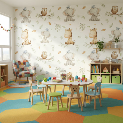 Cream Whimsical Jungle Animal Kids Wallpaper