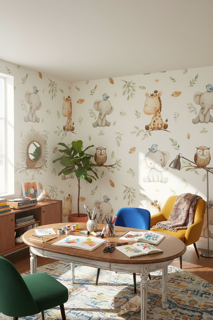Playful Animals Wallpaper Cartoon Leaves Wall Decor
