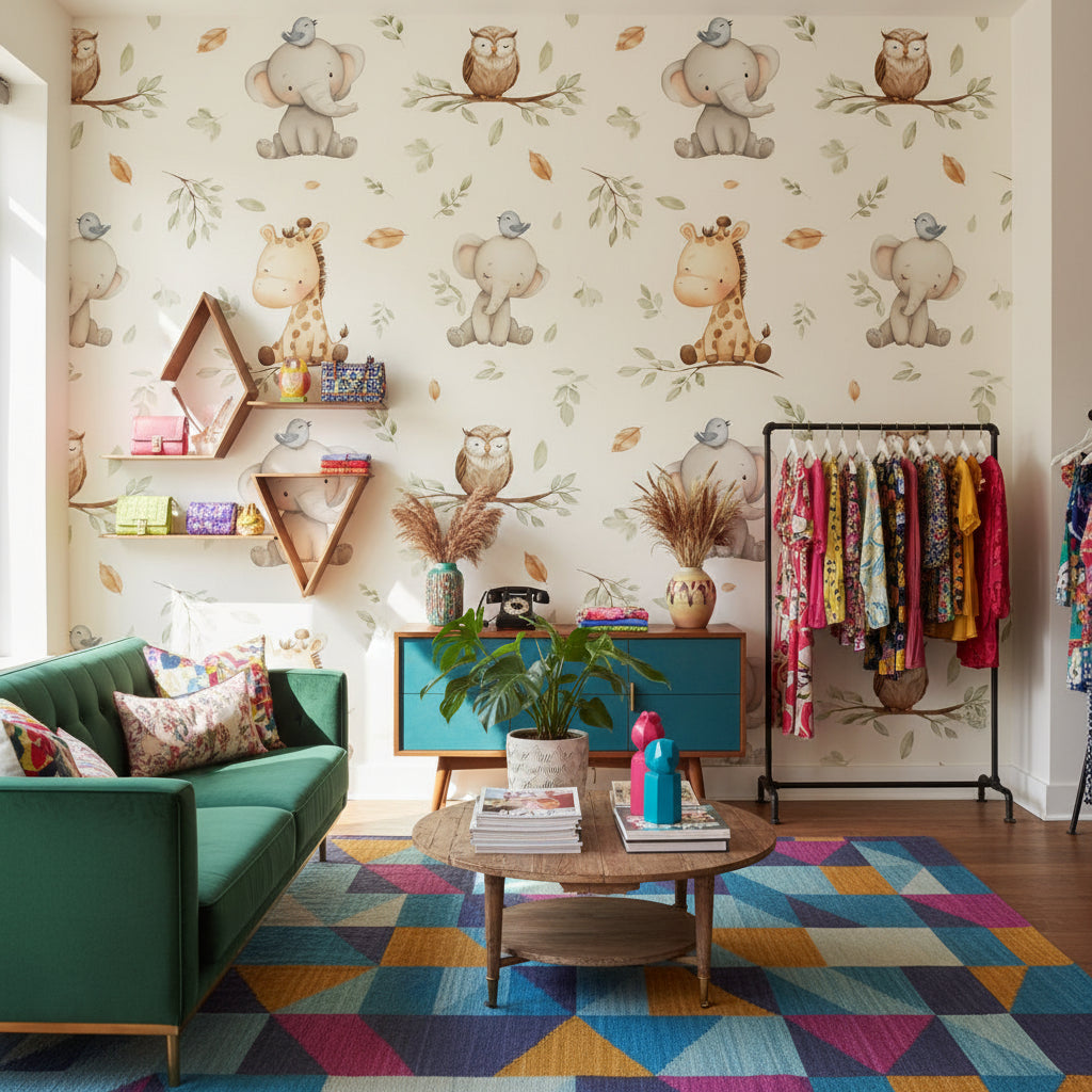 Cream Whimsical Jungle Animal Kids Wallpaper