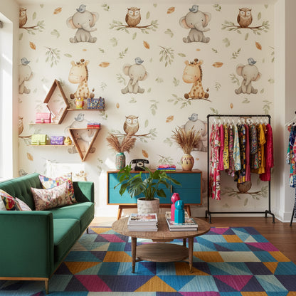 Cream Whimsical Jungle Animal Kids Wallpaper