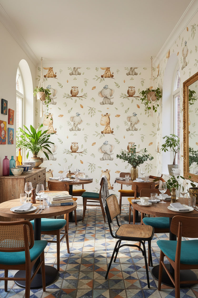 Cream Whimsical Jungle Animal Kids Wallpaper