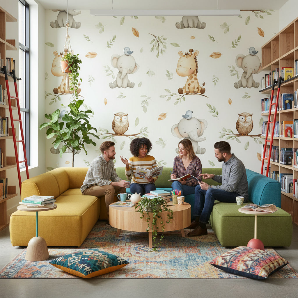 Playful Animals Wallpaper Cartoon Leaves Wall Decor