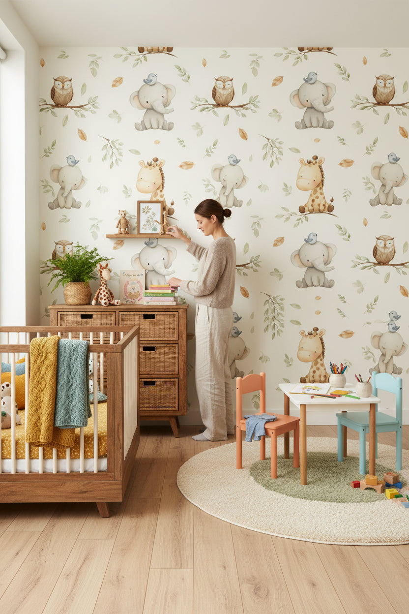 Playful Animals Wallpaper Cartoon Leaves Wall Decor