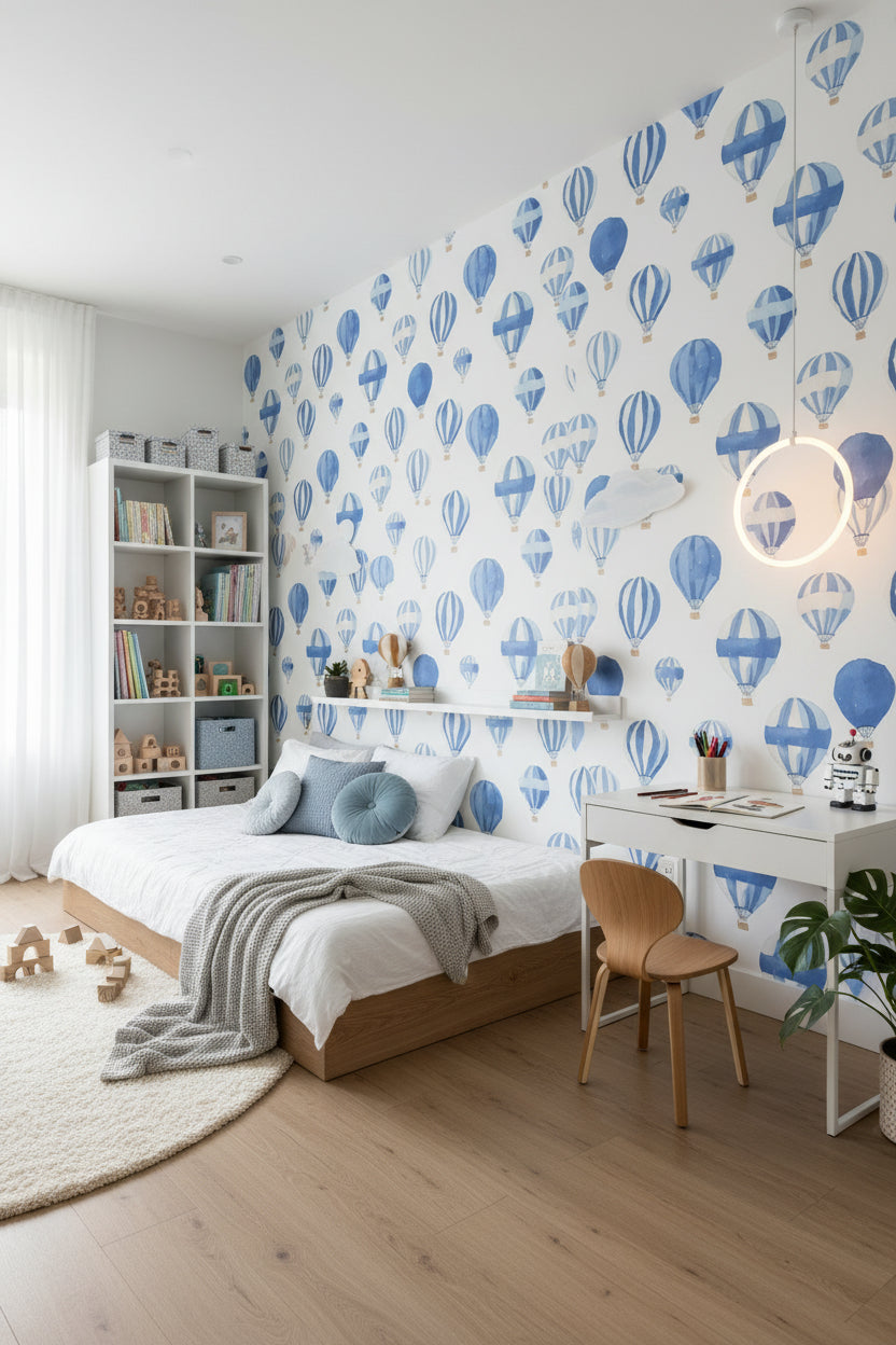 Soft Blue Hot Air Balloon Kids Wallpaper