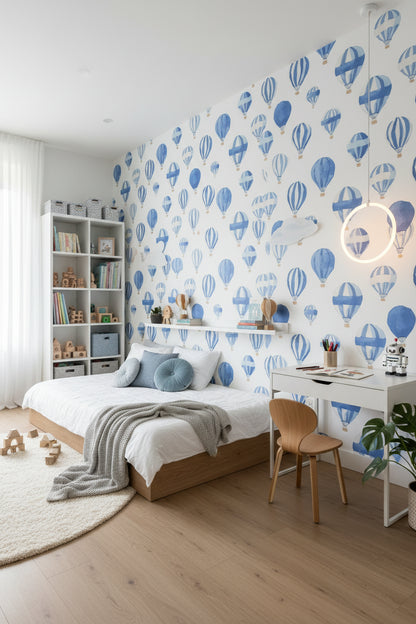 Soft Blue Hot Air Balloon Kids Wallpaper