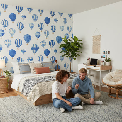 Soft Blue Hot Air Balloon Kids Wallpaper