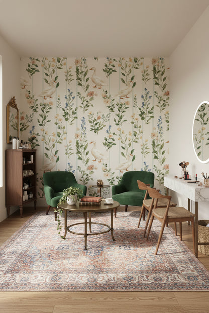 Cream Wildflower and Duck Floral Wallpaper