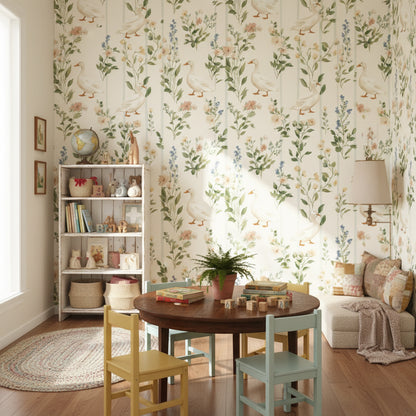 Cream Wildflower and Duck Floral Wallpaper