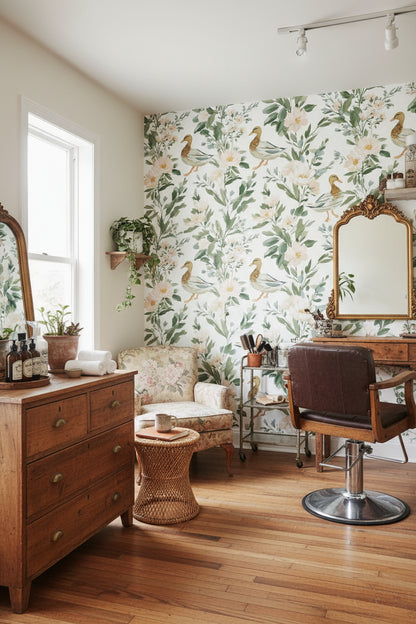 White and Green Botanical Bird Motif Wallpaper