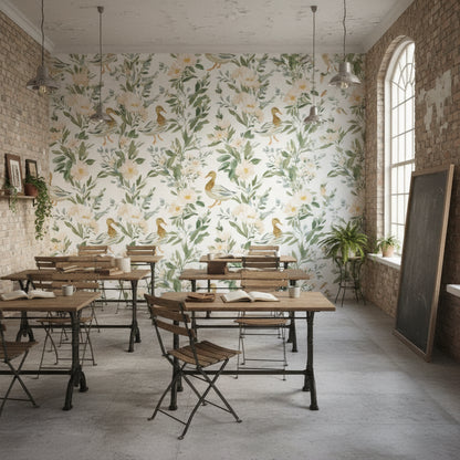 White and Green Botanical Bird Motif Wallpaper