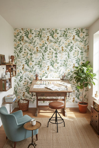 White and Green Botanical Bird Motif Wallpaper