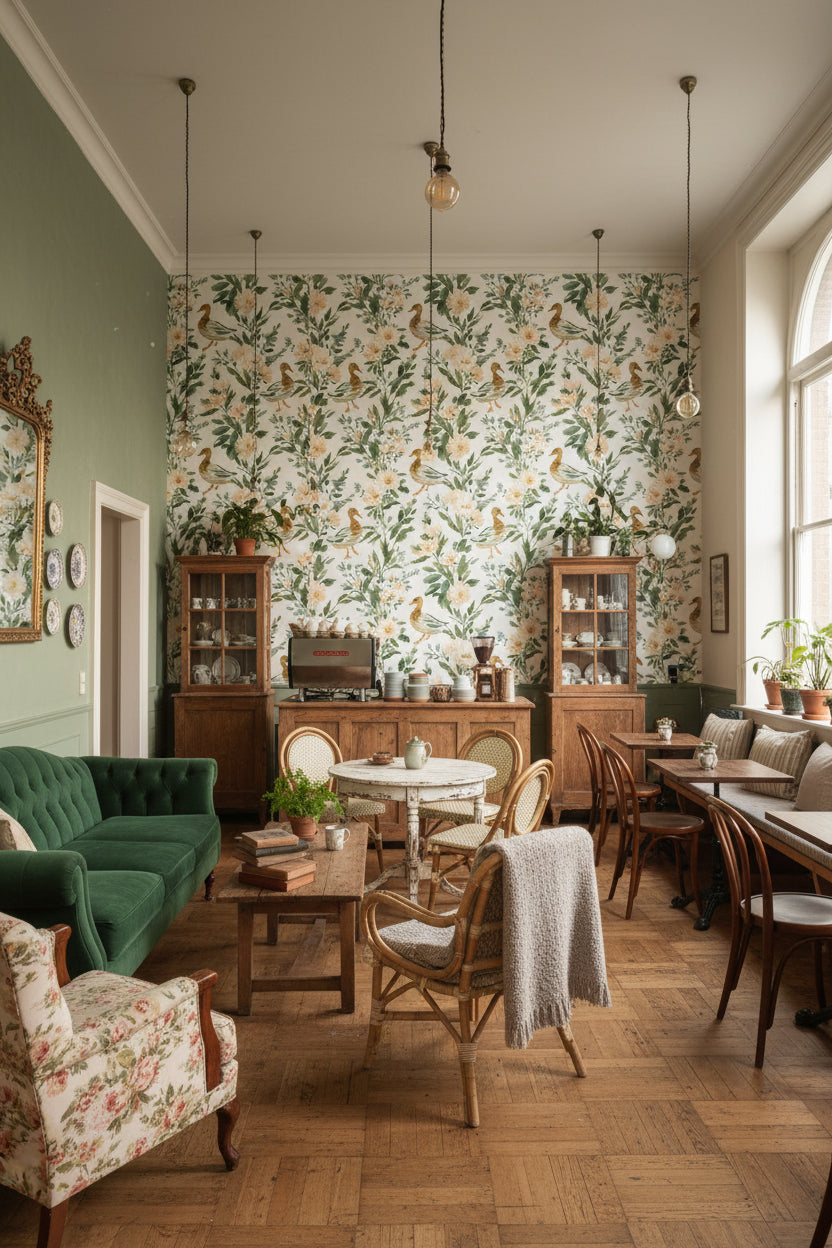 White and Green Botanical Bird Motif Wallpaper