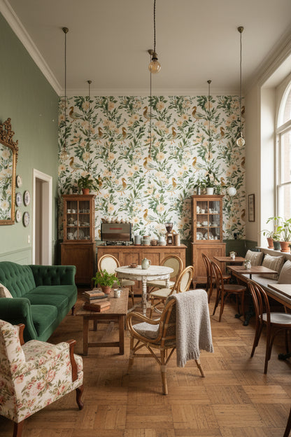 White and Green Botanical Bird Motif Wallpaper