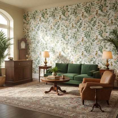 White and Green Botanical Bird Motif Wallpaper
