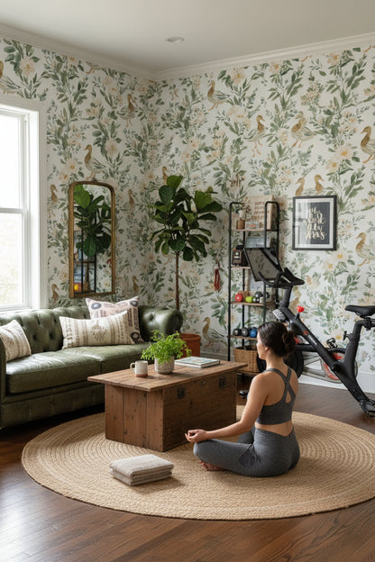 White and Green Botanical Bird Motif Wallpaper