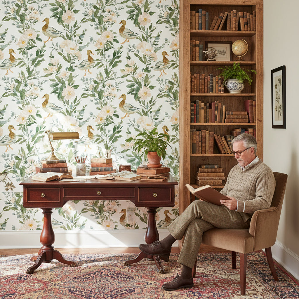 White and Green Botanical Bird Motif Wallpaper