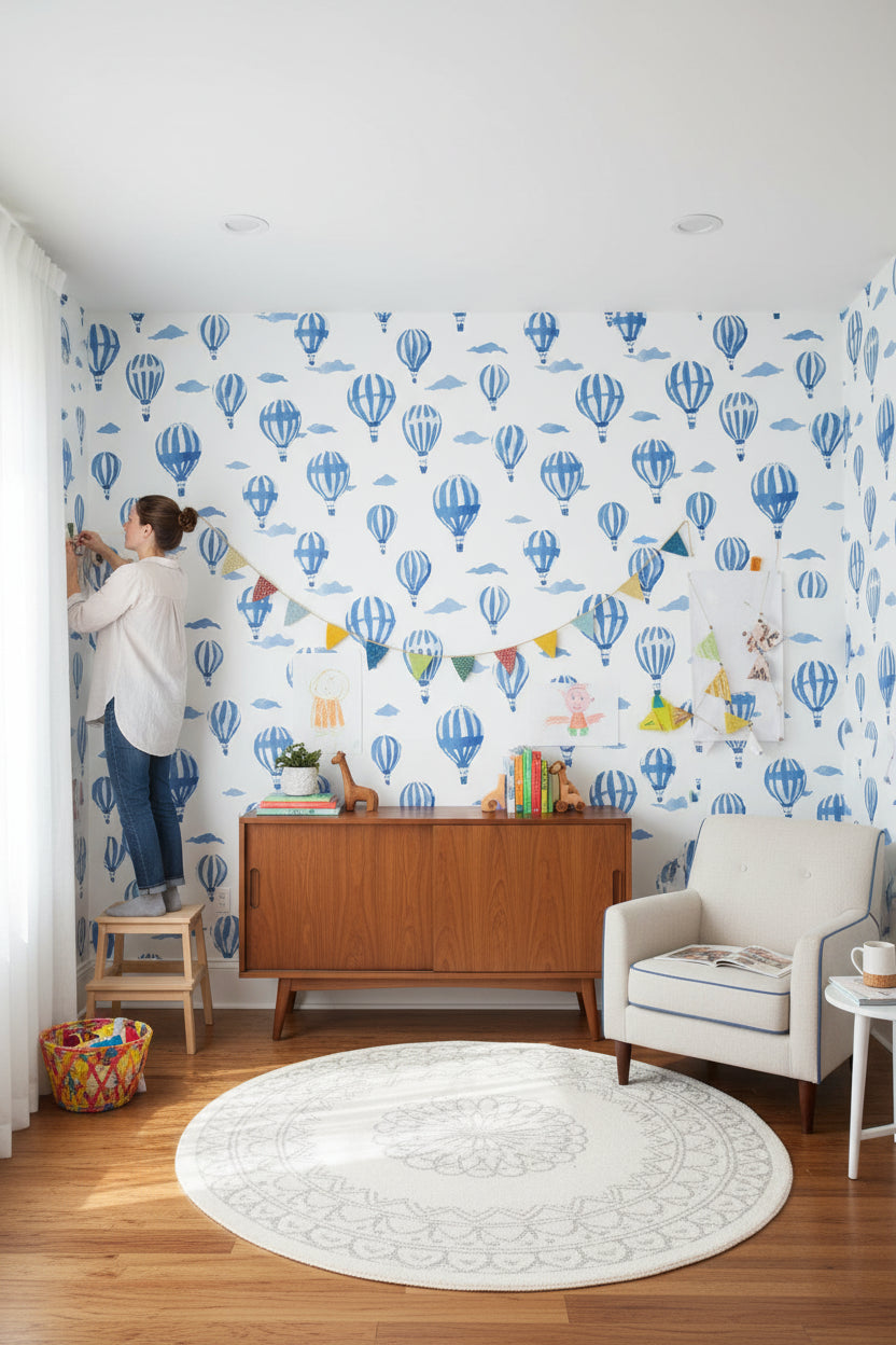 Blue Hot Air Balloon Nursery Wallpaper