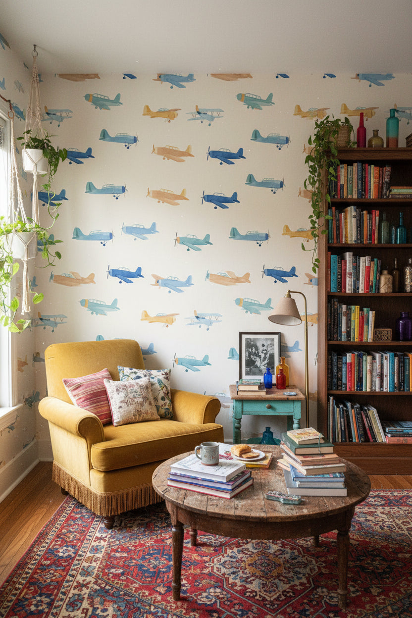 Watercolor Airplanes Wallpaper Retro Aviation Wall Decor