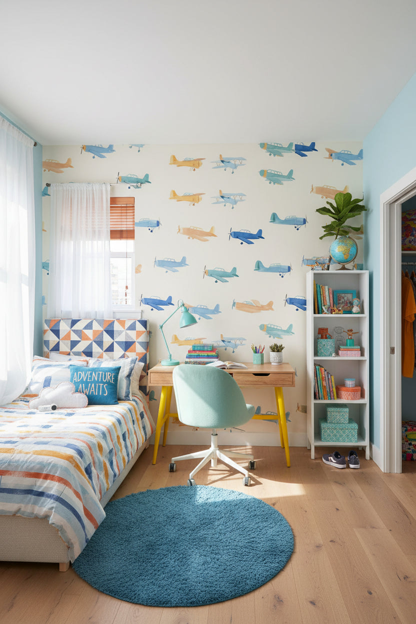 Cream and Blue Cartoon Airplanes Kids Wallpaper