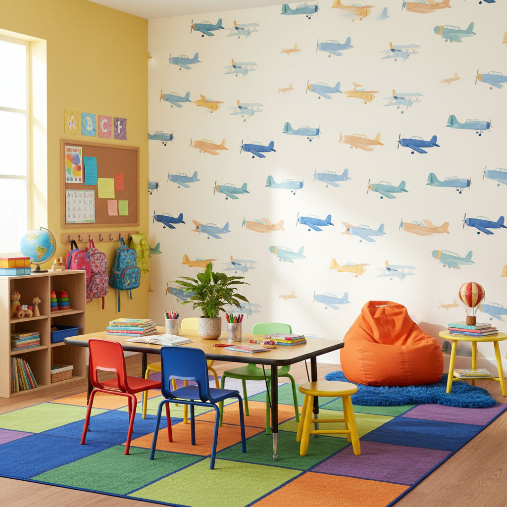 Watercolor Airplanes Wallpaper Retro Aviation Wall Decor