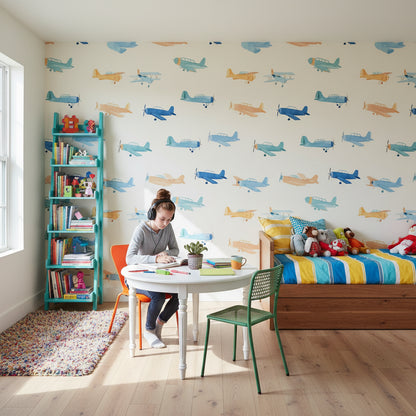 Cream and Blue Cartoon Airplanes Kids Wallpaper